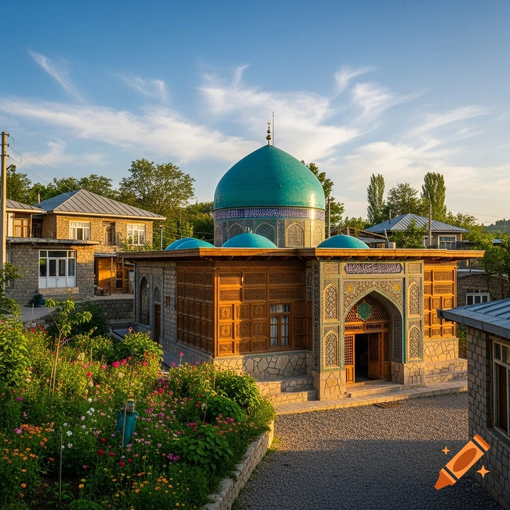 A serene view of an Imamzadeh (shrine) with a turquoise dome and intricate mosaic patterns, surrounded by lush gardens and village houses under a clear blue sky.