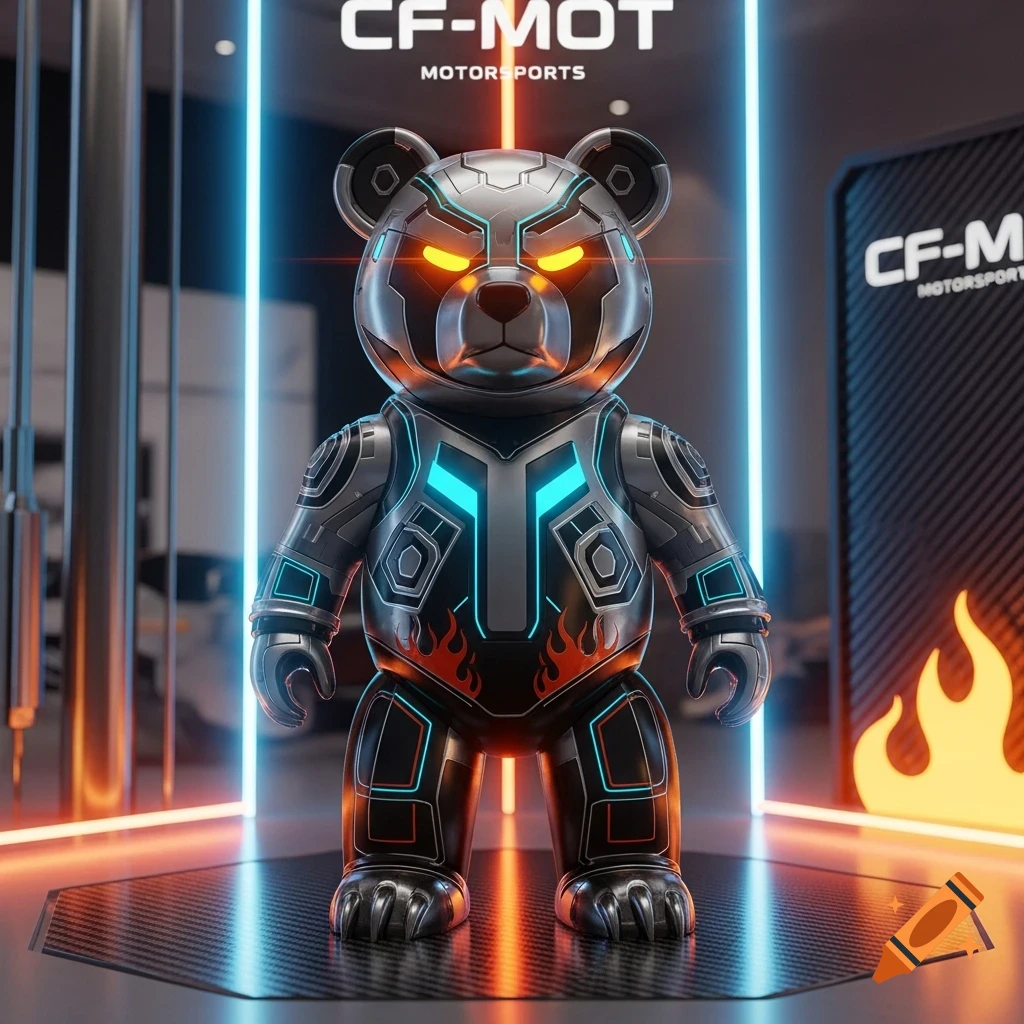 A futuristic metallic robotic bear with glowing orange and blue accents stands on a lighted platform in a showroom, displaying 'CF-MOT MOTORSPORTS' branding.