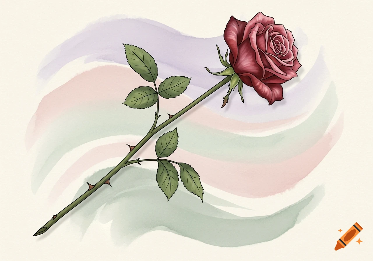 A single long-stemmed red rose with green leaves and thorns lies diagonally on a muted watercolor background with purple, pink, and green waves, in a 1970s greeting card style.