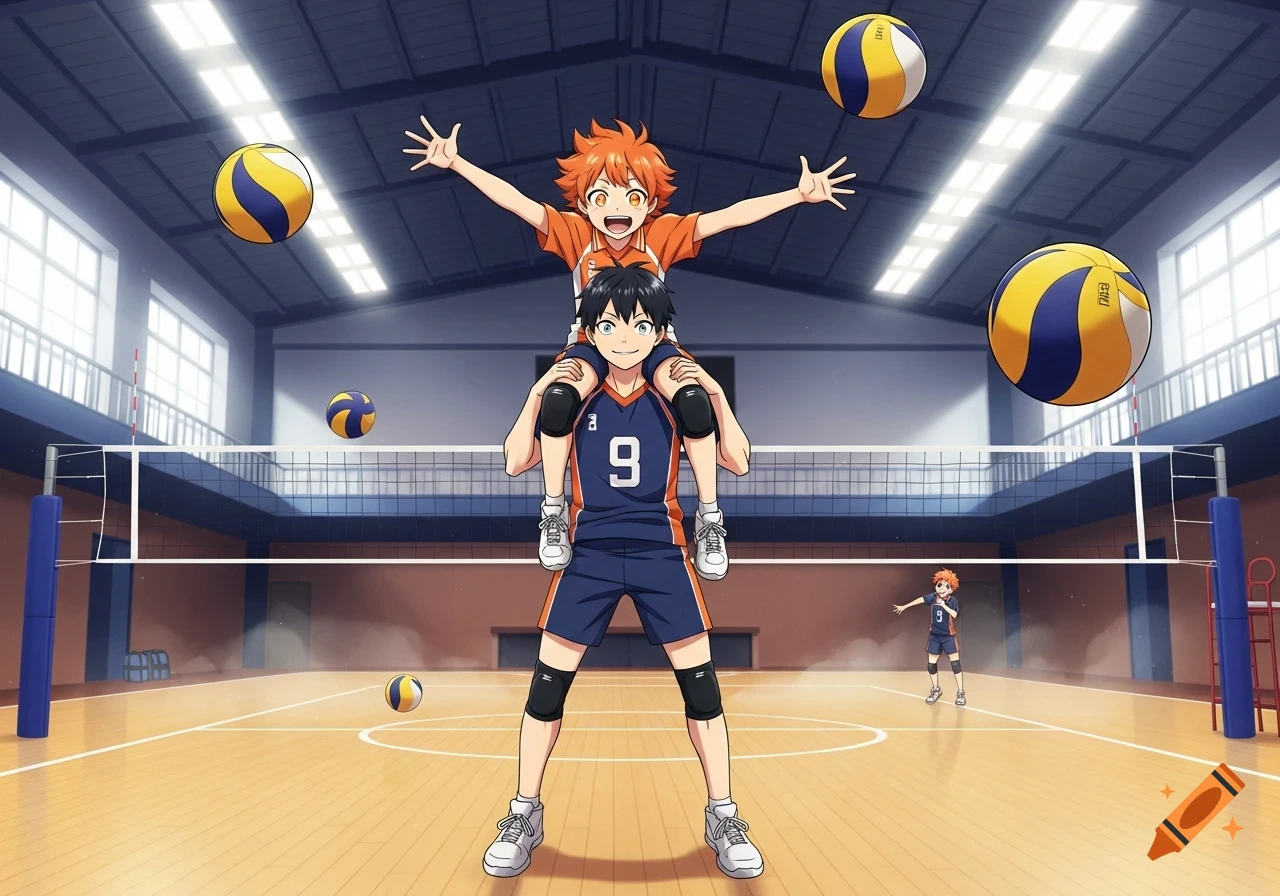 Two smiling anime boys, one riding on the other's shoulders, on a volleyball court with balls floating around.