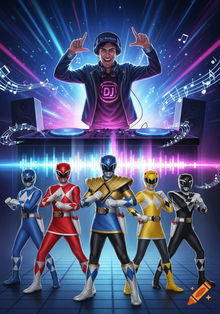 A DJ with headphones and a 'DJ' shirt raises his hands above five Power Rangers in blue, red, gold, yellow, and black costumes, set against a vibrant, glowing musical background.