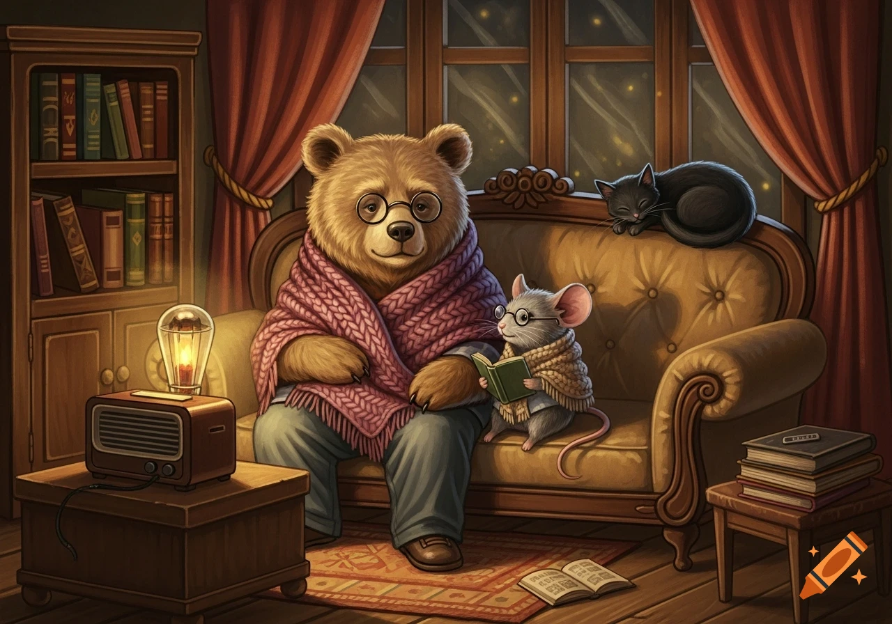 An anthropomorphic bear and mouse in glasses, wrapped in blankets, read together on a sofa in a cozy room with a sleeping cat and radio. Stylized illustration.