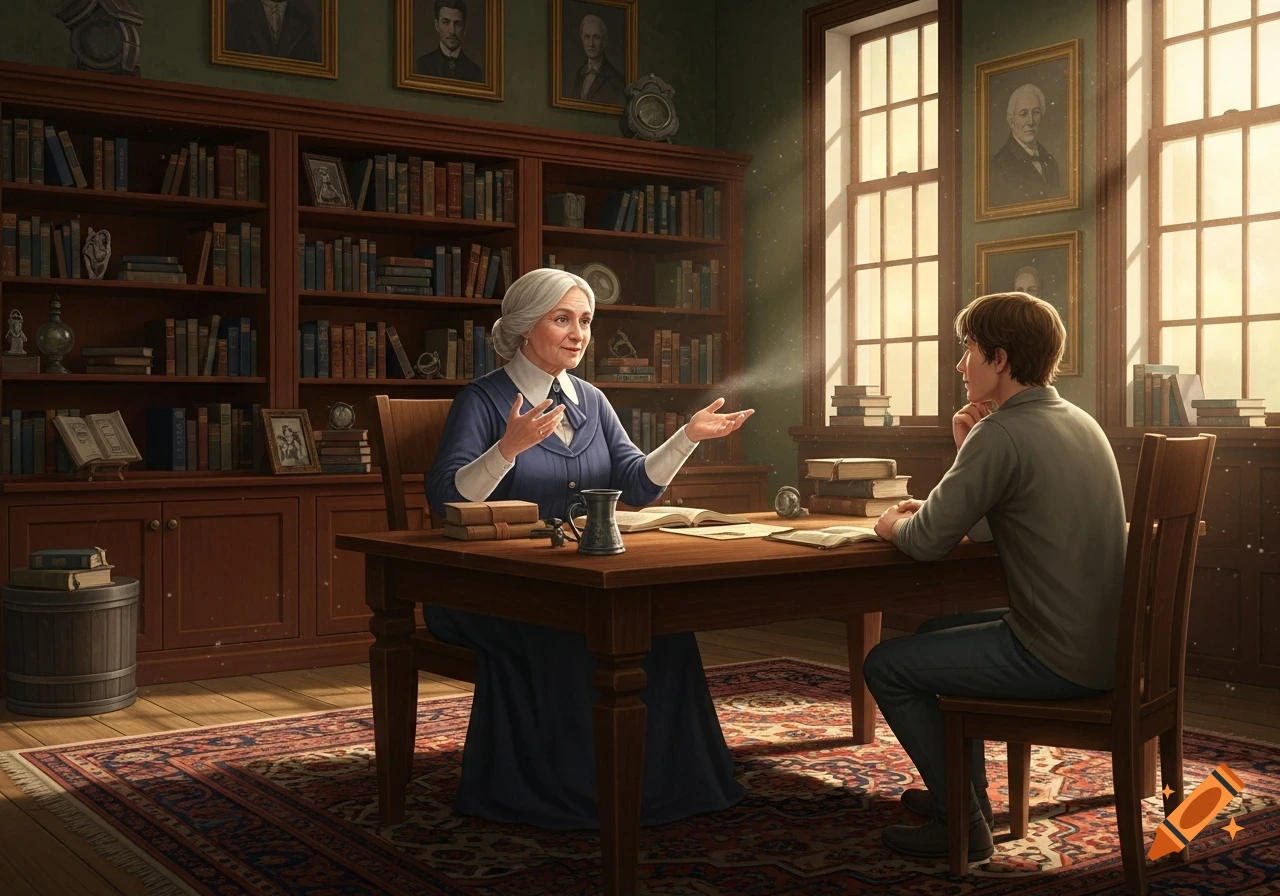 An older woman with white hair explains something to a young man in a sunlit library, sitting across a wooden desk.