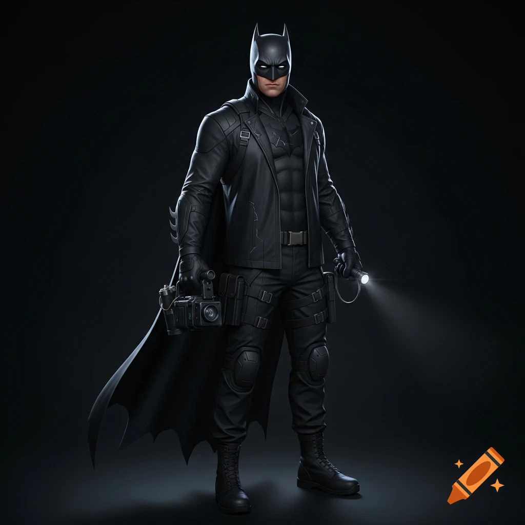 A dark, tactical Batman-like superhero stands holding a camera and a flashlight in a dimly lit setting.