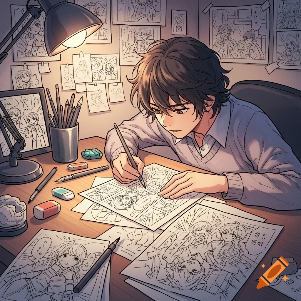 An anime-style person with dark hair sits at a desk under a lamp, drawing manga panels with a pen, surrounded by completed and in-progress comic artwork.