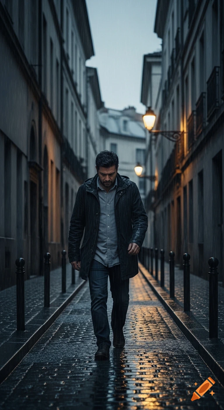 A man walks alone down a narrow, wet city street in the rain at night, illuminated by dim street lights.