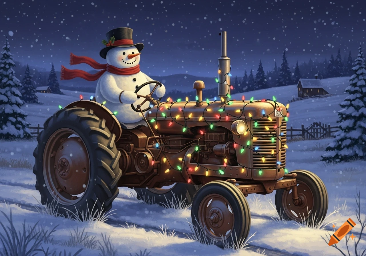 A snowman driving a brown vintage tractor adorned with colorful Christmas lights in a snowy winter night scene.