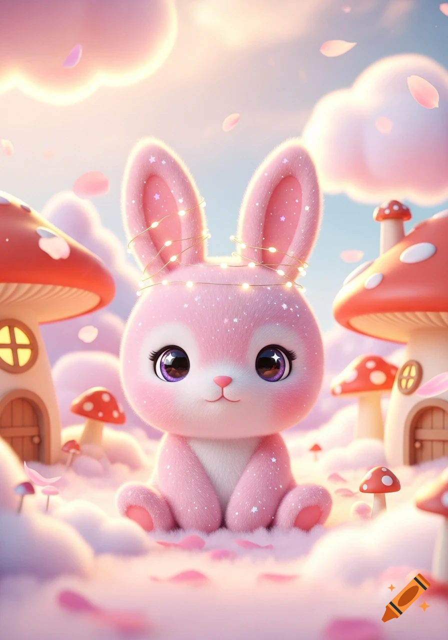 A fluffy pink kawaii bunny with sparkling ears and string lights on its head sits among pink clouds and mushroom houses.