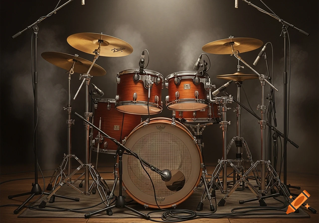 A detailed, photorealistic image of a drum kit with wooden drums and golden cymbals under dramatic stage lighting.