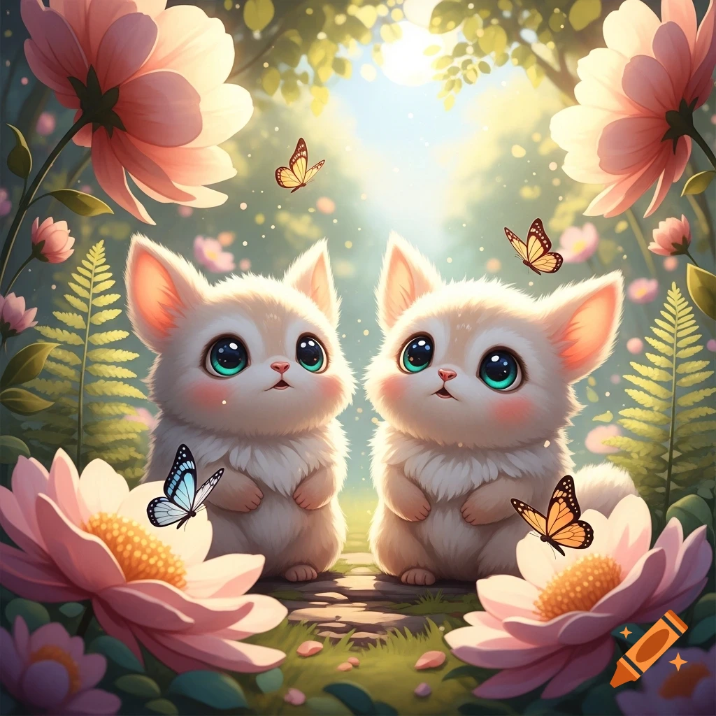 Two fluffy, big-eyed cartoon creatures sit among pink flowers and butterflies in a sunny, whimsical garden.