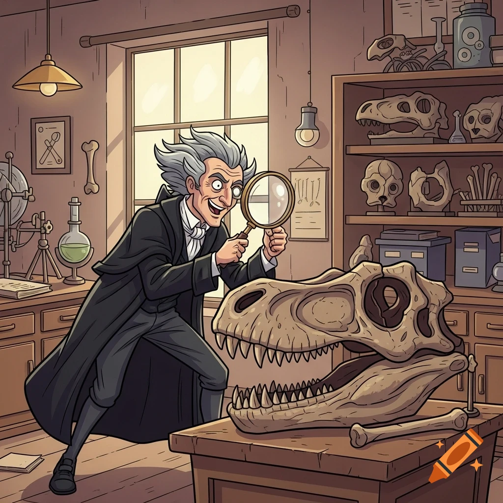 A triumphant cartoon Victorian professor with wild gray hair examines a large dinosaur skull with a magnifying glass in a lab with bone specimens.