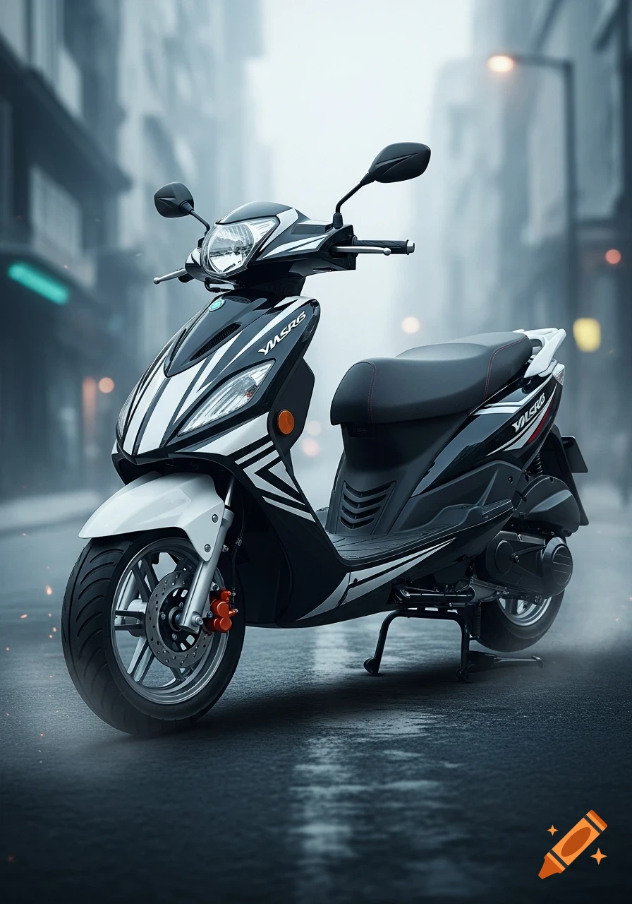 A sleek black and white scooter with silver accents parked on a wet city street, with blurred buildings in the background.