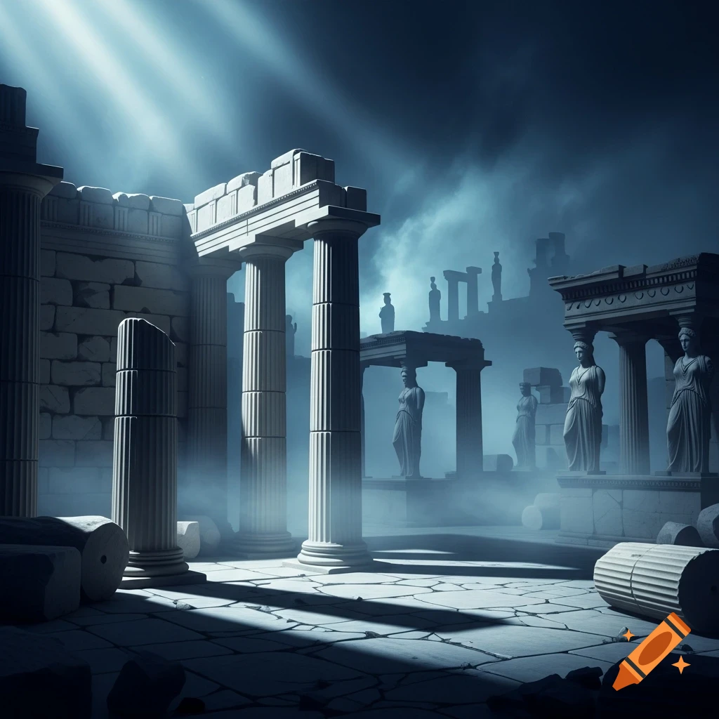 Ancient Greek ruins with classical statues in a mysterious, foggy setting, dramatically lit from above.