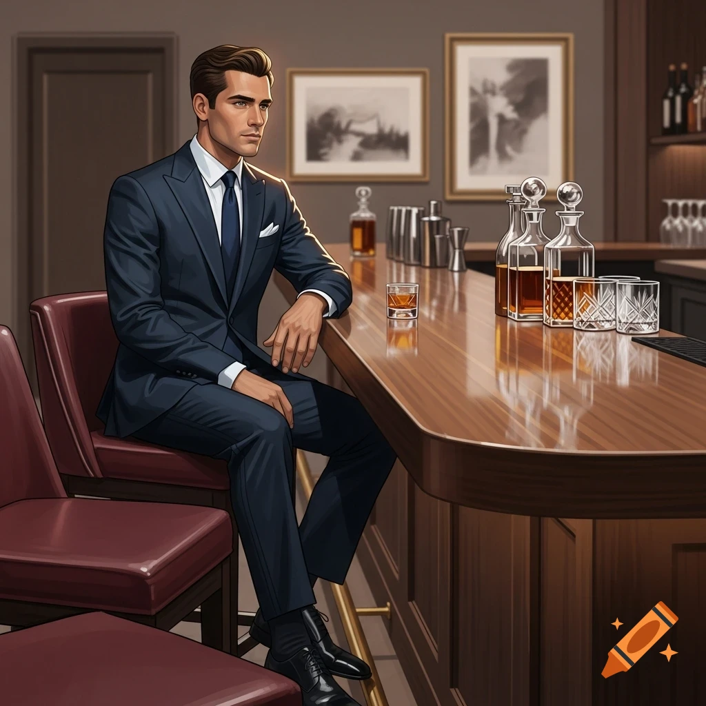 Well-dressed man in a dark suit sits at a wooden bar with drinks, in a detailed illustration.