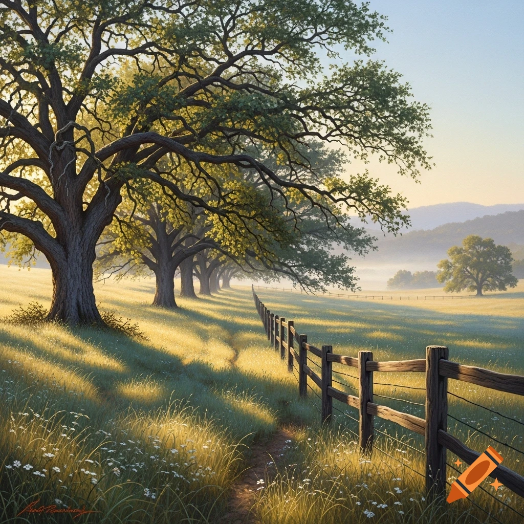 Sunlight streams through large oak trees onto a grassy field with a wooden fence stretching into the misty distance.