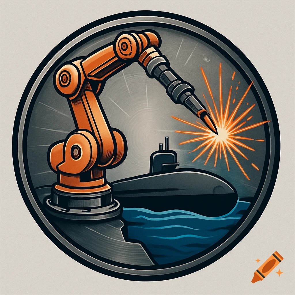 Circular logo featuring an orange robotic arm welding next to a black submarine in water, illustrated style.