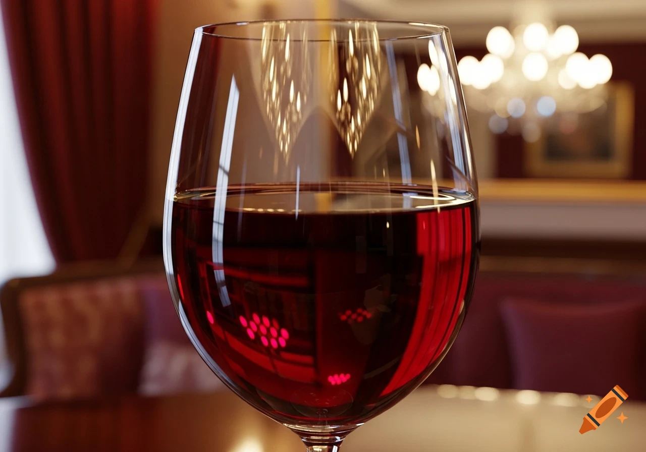 Close-up of a wine glass filled with red wine, reflecting a chandelier, in a dimly lit restaurant.