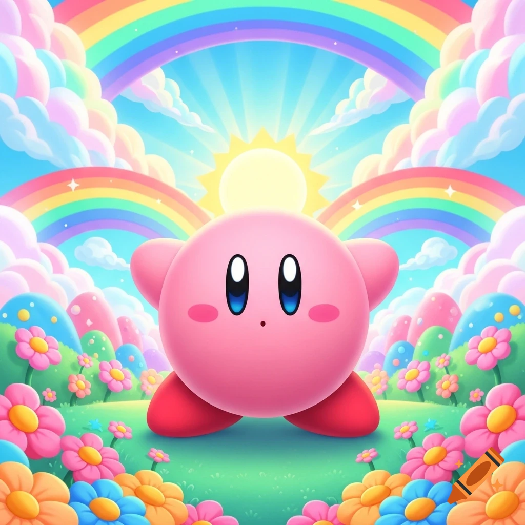 A cute pink Kirby stands in a vibrant, colorful landscape with rainbows, fluffy clouds, a bright sun, and blooming flowers.