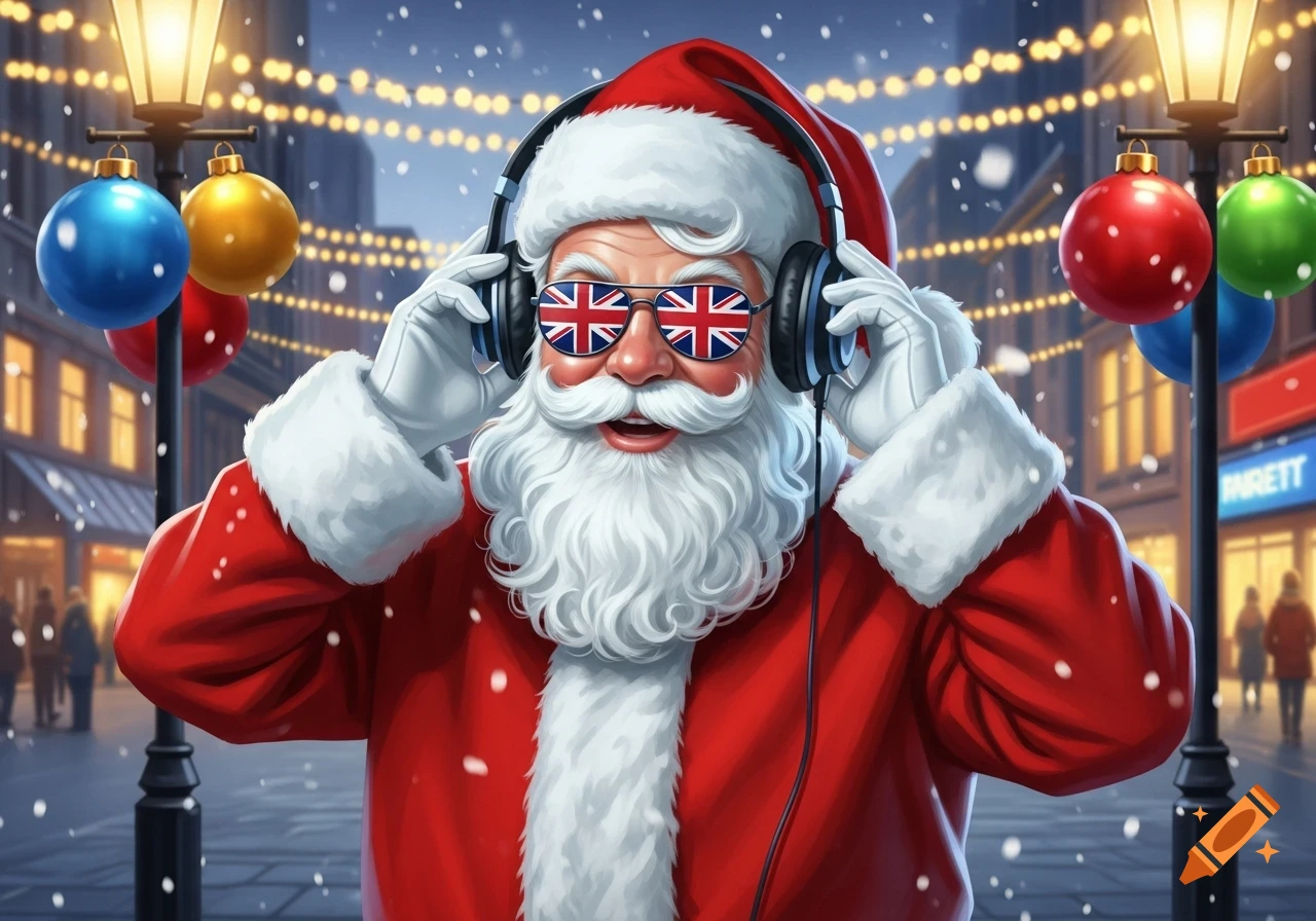 Santa Claus in a snowy city street, wearing headphones and sunglasses with Union Jack flags, surrounded by Christmas lights and ornaments.
