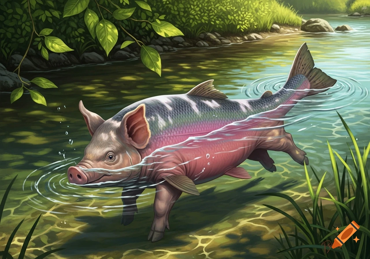 A whimsical pig-salmon hybrid swims in a clear river with green foliage on the banks, depicted in a vibrant digital painting.