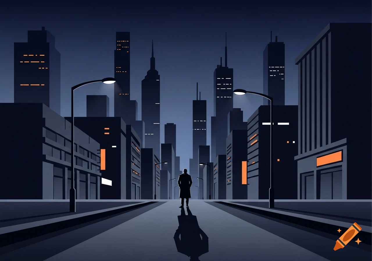 A lone figure stands in the middle of a dark, empty city street at night, surrounded by towering, silhouetted skyscrapers under streetlights, in a minimalist illustration style.