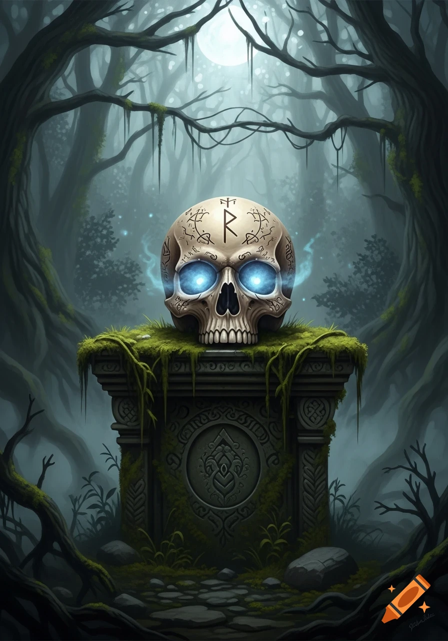 A mystical skull with glowing blue eyes on a mossy stone pedestal in a dark, misty fantasy forest under a full moon.