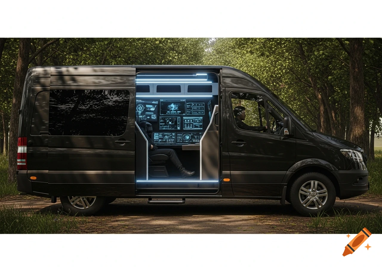 A black command post van with its side door open, revealing glowing blue screens and a person operating a console inside, parked in a forest.