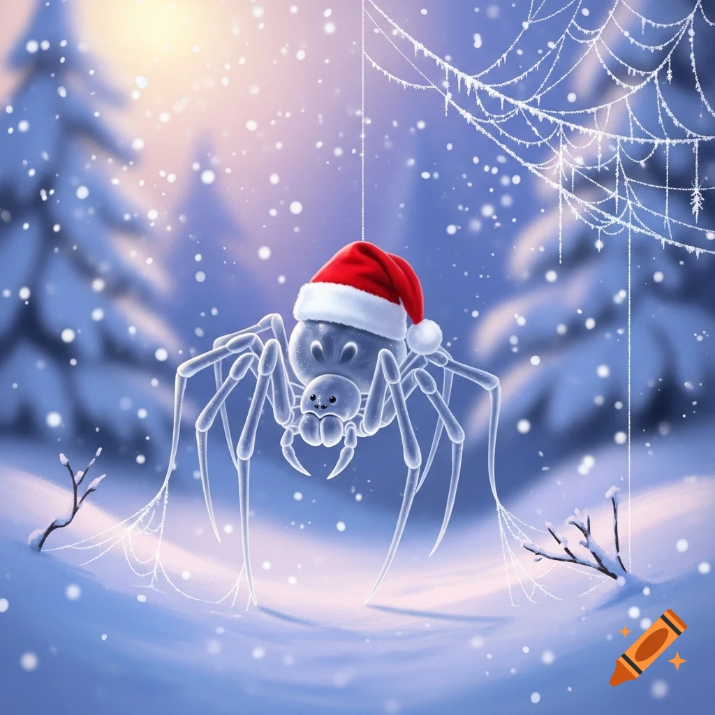 A cartoon ghost spider in a Santa hat hangs by a web in a snowy winter forest, with frosty spiderwebs and falling snow.
