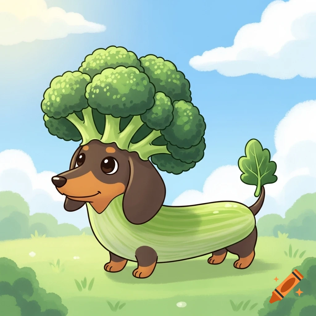 Cartoon dachshund with a broccoli head and a celery body stands in a sunny green field.