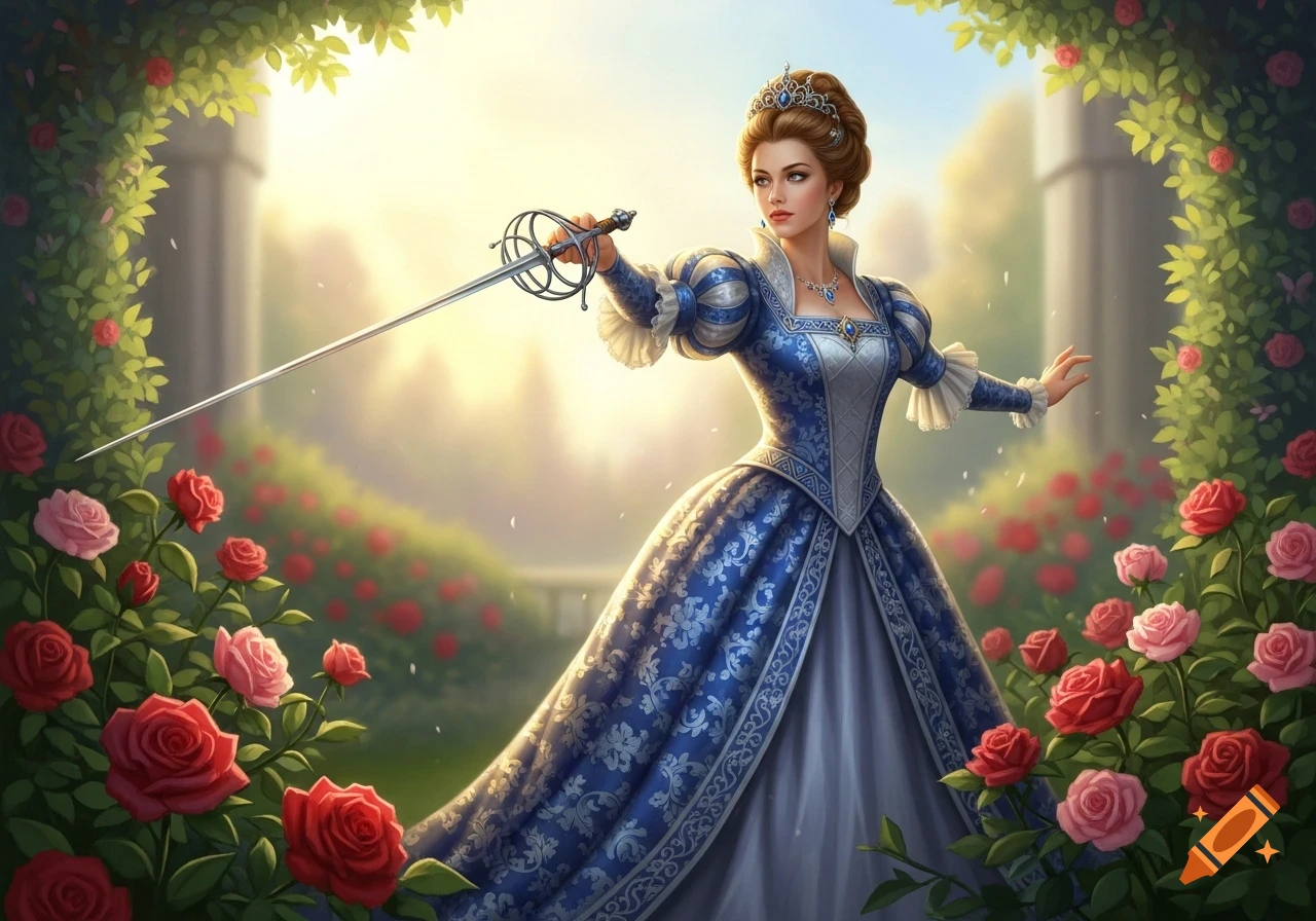 A beautiful princess in a blue gown holds a rapier sword in a rose garden under a soft, glowing sky.