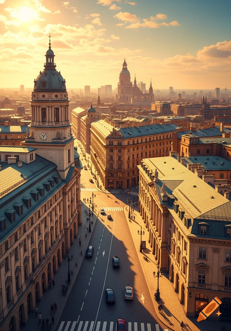 Aerial view of a sprawling European cityscape at golden hour, featuring classical architecture and busy streets, in a painterly style.