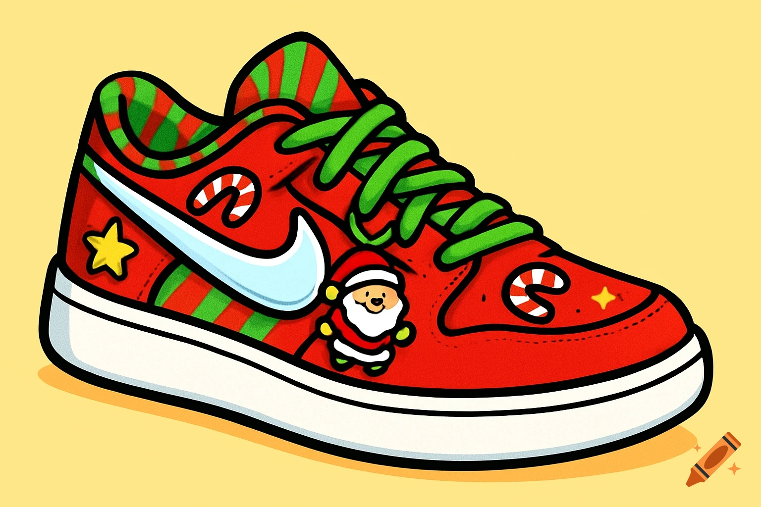 A cartoon Christmas sneaker with a red upper, green laces, white sole, light blue swoosh, Santa charm, and candy cane details.