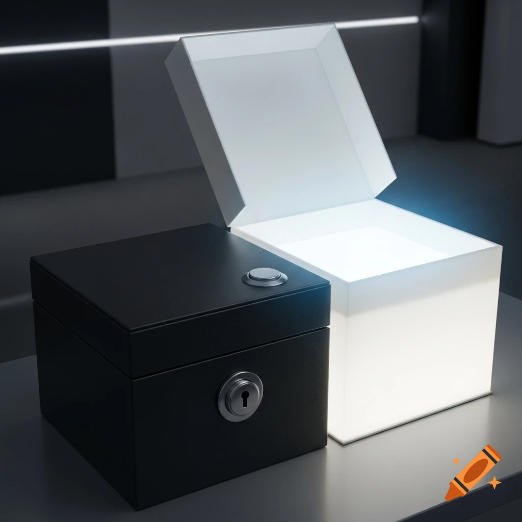 A black closed box with a keyhole and button next to an open, glowing white box on a dark surface.
