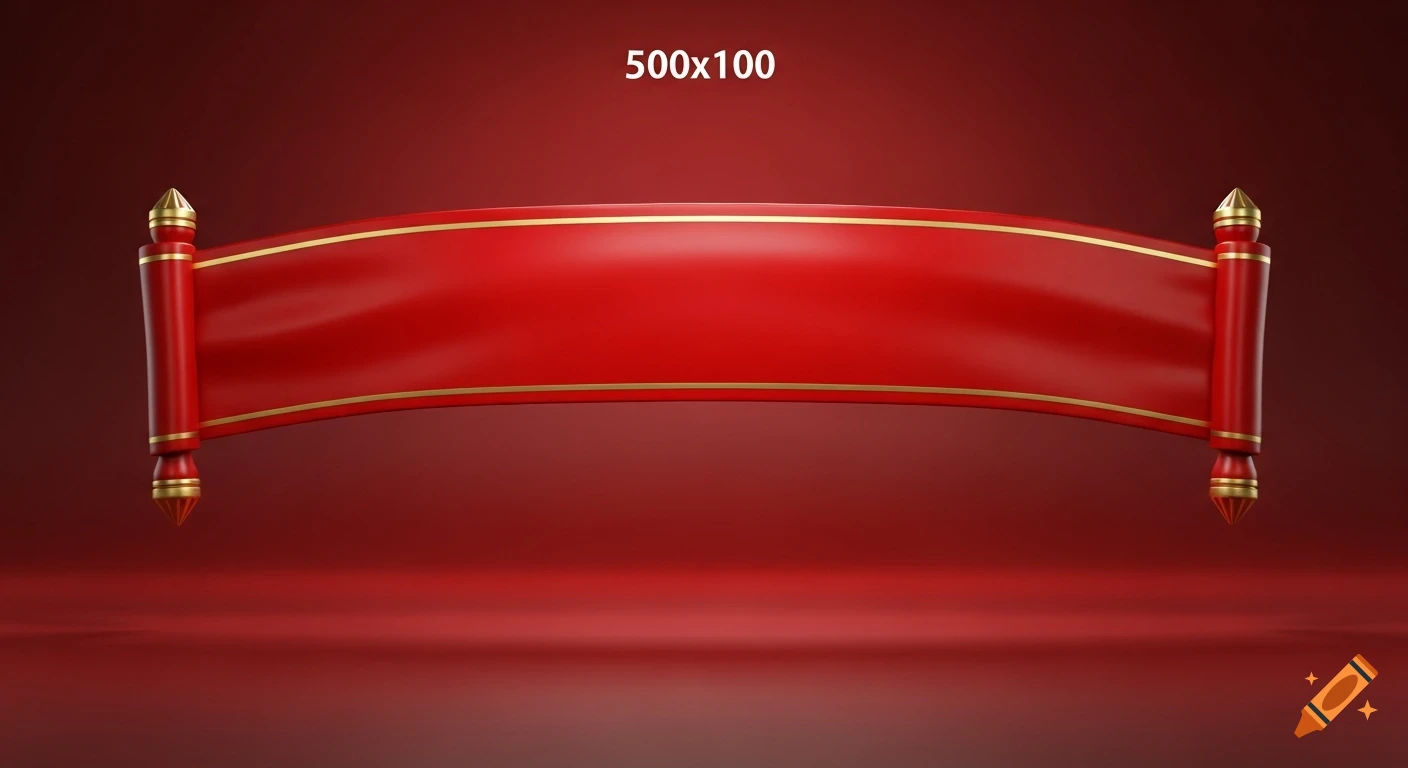 A red banner with gold trim and decorative golden finials, floating against a gradient red background, with '500x100' text above it.