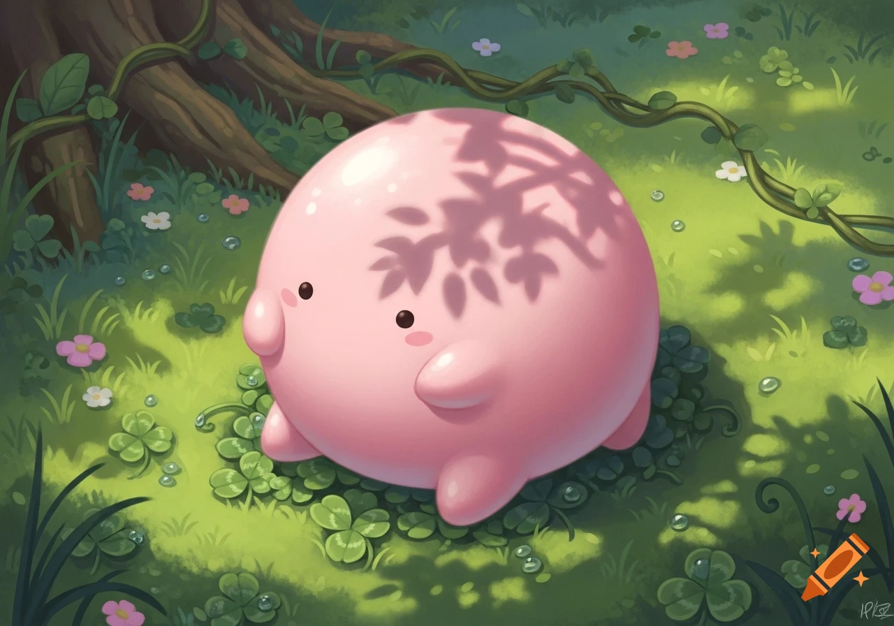 A cute, round pink creature with small eyes and nubs for feet sits on a lush green forest floor with clovers, flowers, and dappled sunlight.