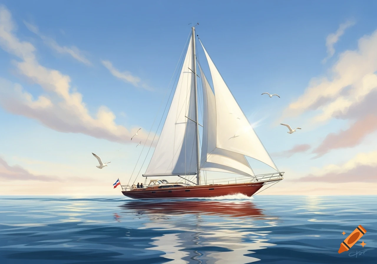 A stylized painting shows a red sailboat with white sails gliding on blue water under a bright sky with sparse clouds and seagulls.