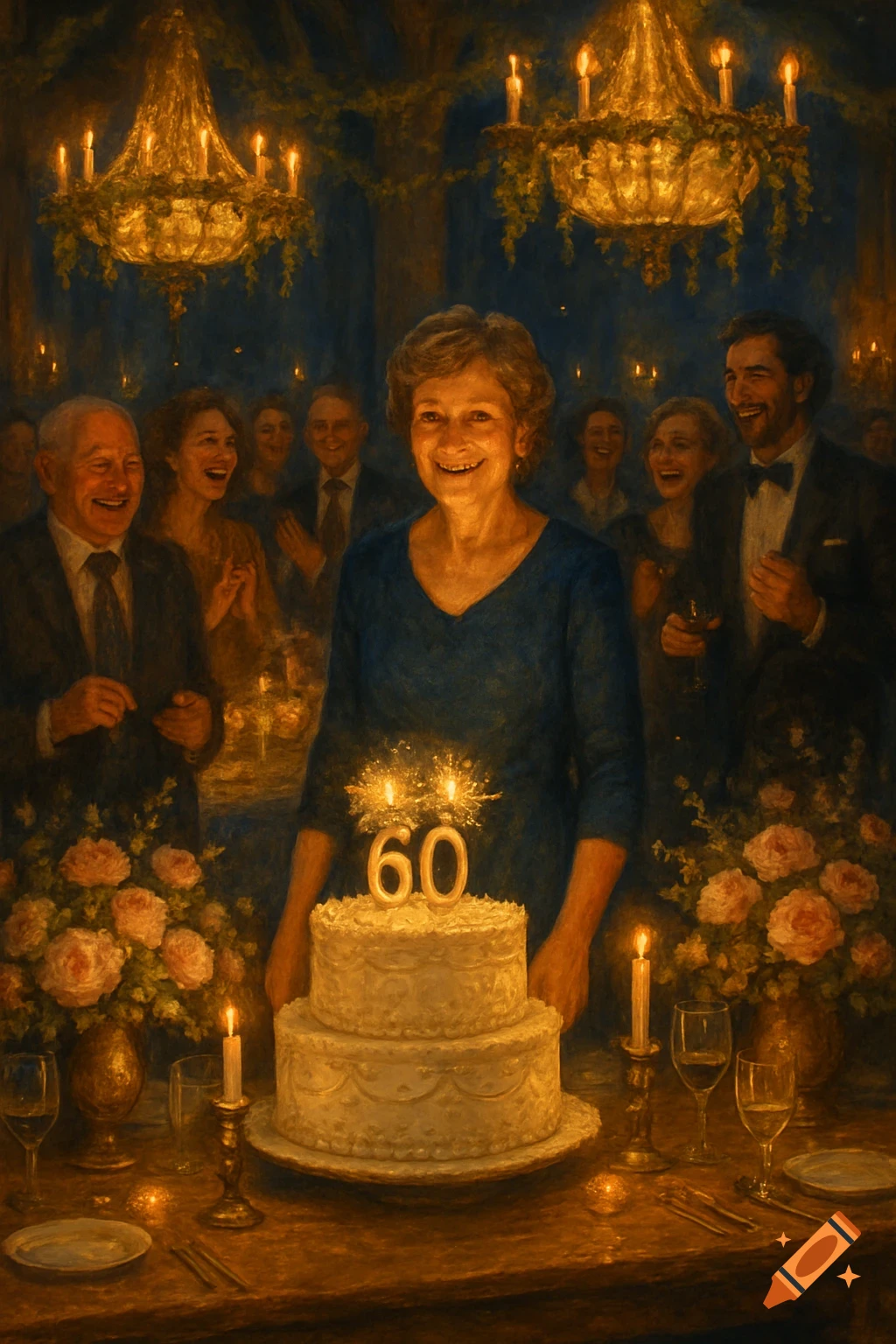 A smiling woman celebrates her 60th birthday, standing behind a two-tier cake with '60' candles and sparklers. Guests watch and smile in the background, in an elegant, dimly lit room with chandeliers and floral arrangements.