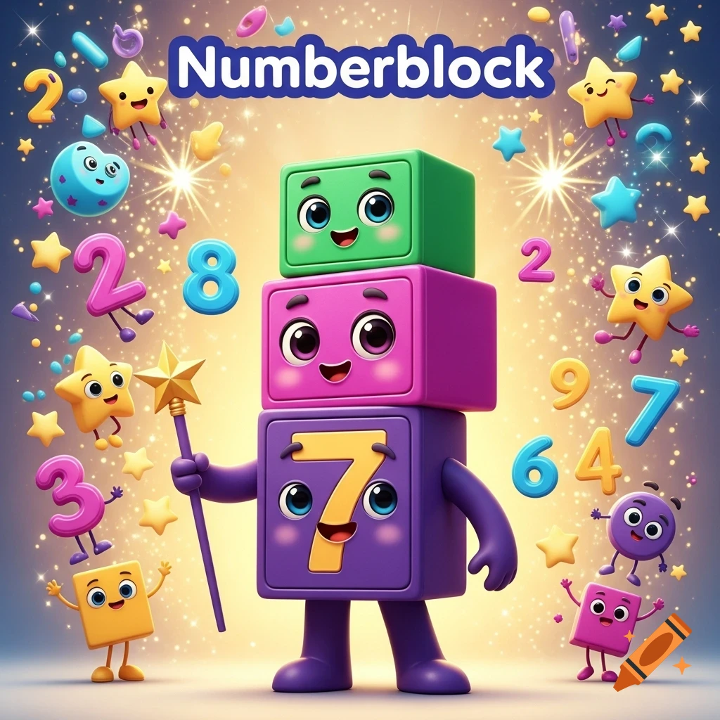 Colorful cartoon Numberblocks characters, with a stack of three blocks forming a character holding a star wand, surrounded by stars and numbers 2, 3, 4, 6, 7, 8, 9, on a sparkly background.
