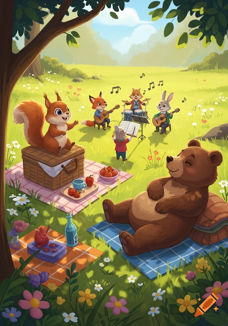 Cute cartoon animals picnic in a sunny meadow. A squirrel sits on a basket, a bear relaxes, and foxes and a rabbit play music.