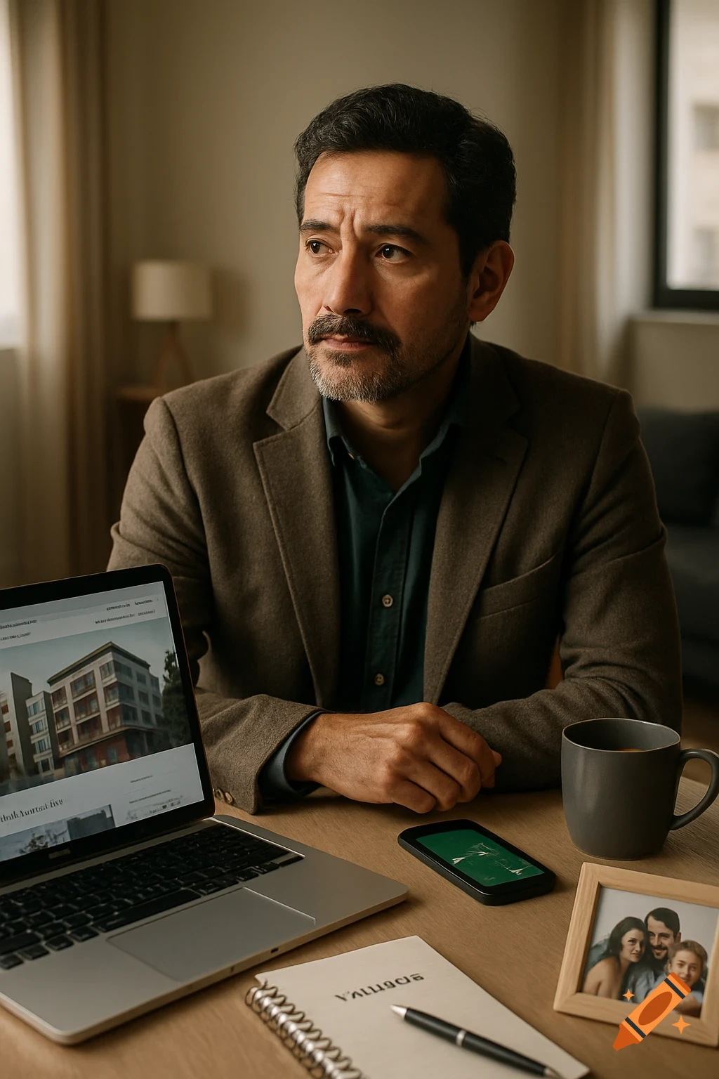 Ultra-realistic portrait of a thoughtful man with a beard and mustache, wearing a brown blazer, sitting at a desk with a laptop, coffee mug, notebook, phone, and family photo.
