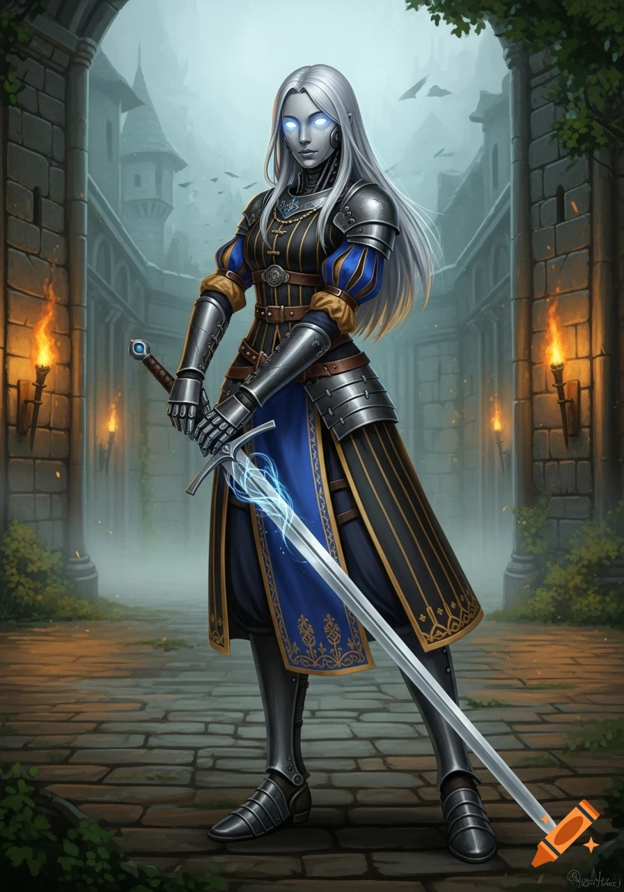 A white-haired robot girl in medieval armor stands in a castle courtyard, holding a glowing blue sword. Fantasy art.