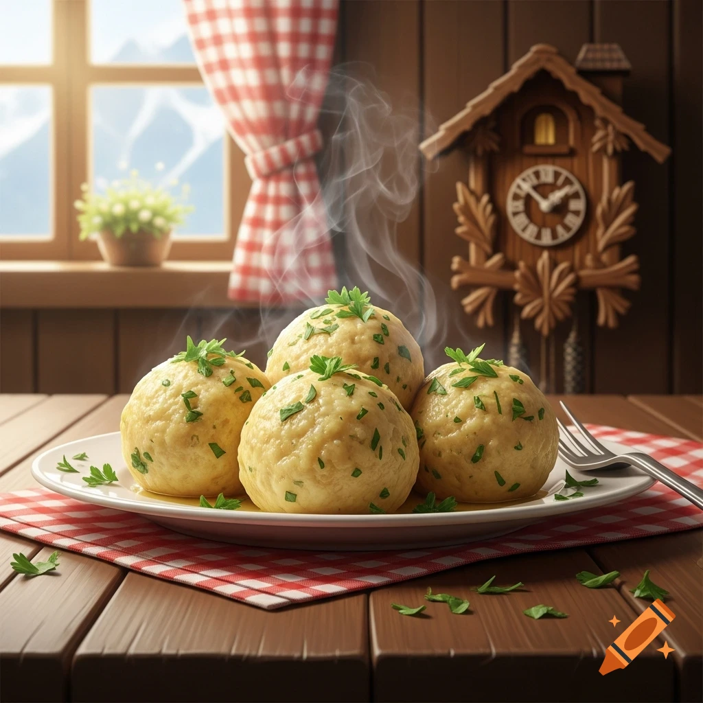 Four steaming dumplings garnished with parsley on a plate on a wooden table, with a cuckoo clock and mountain window view.