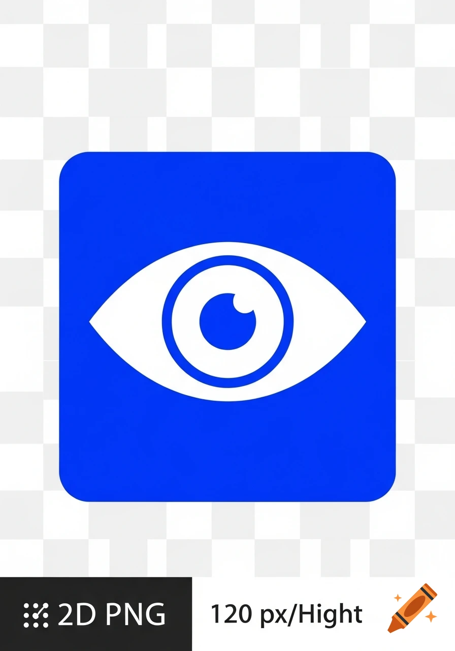 A white eye icon with a blue iris on a blue rounded square background.