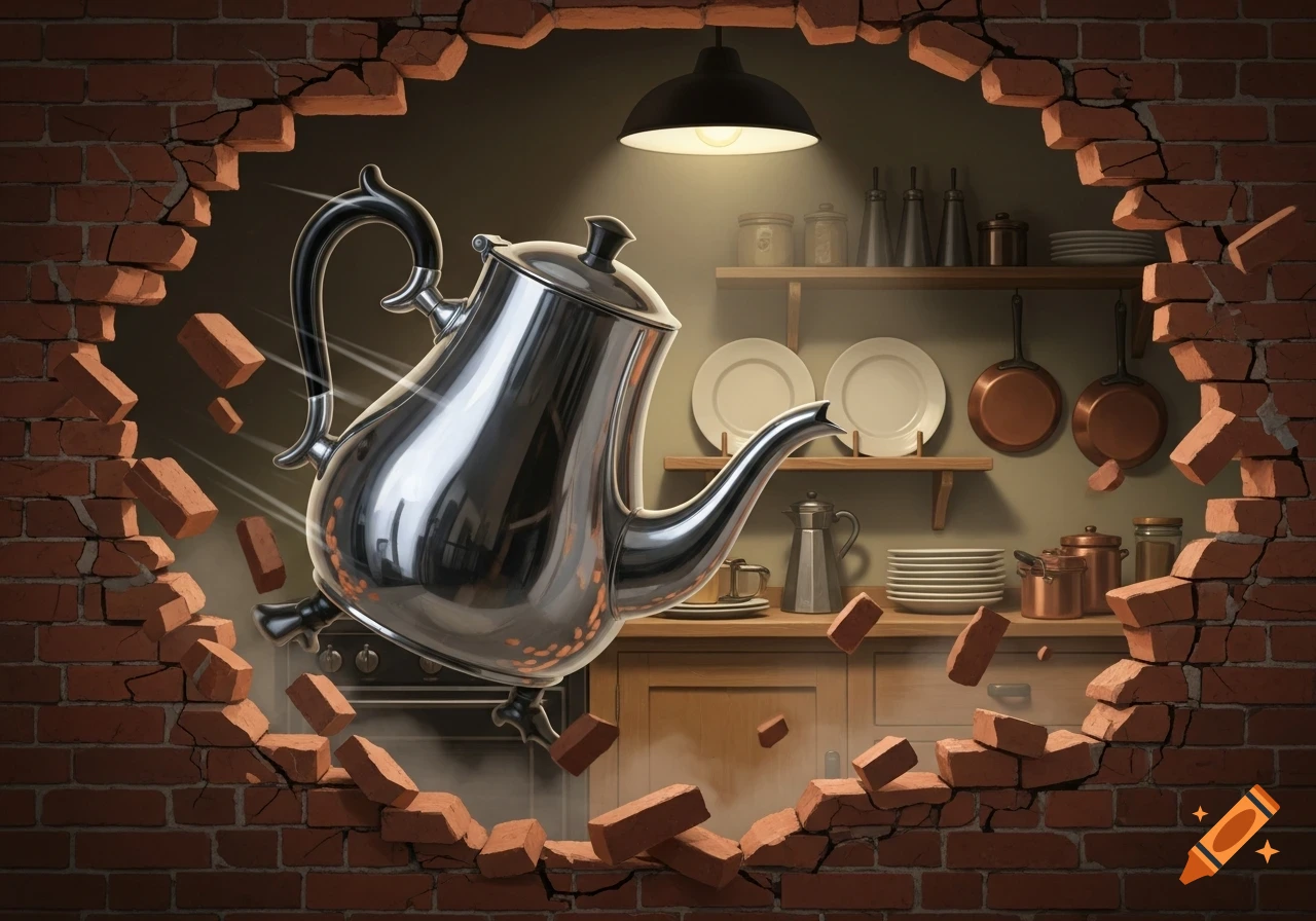 A large, shiny metallic teapot dramatically crashes through a brick wall into a kitchen, sending bricks flying.