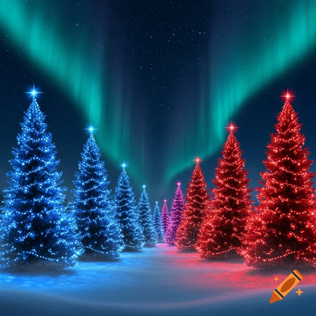 Row of Christmas trees decorated with blue, pink, and red lights in a snowy landscape under a vibrant green aurora borealis and starry night sky.
