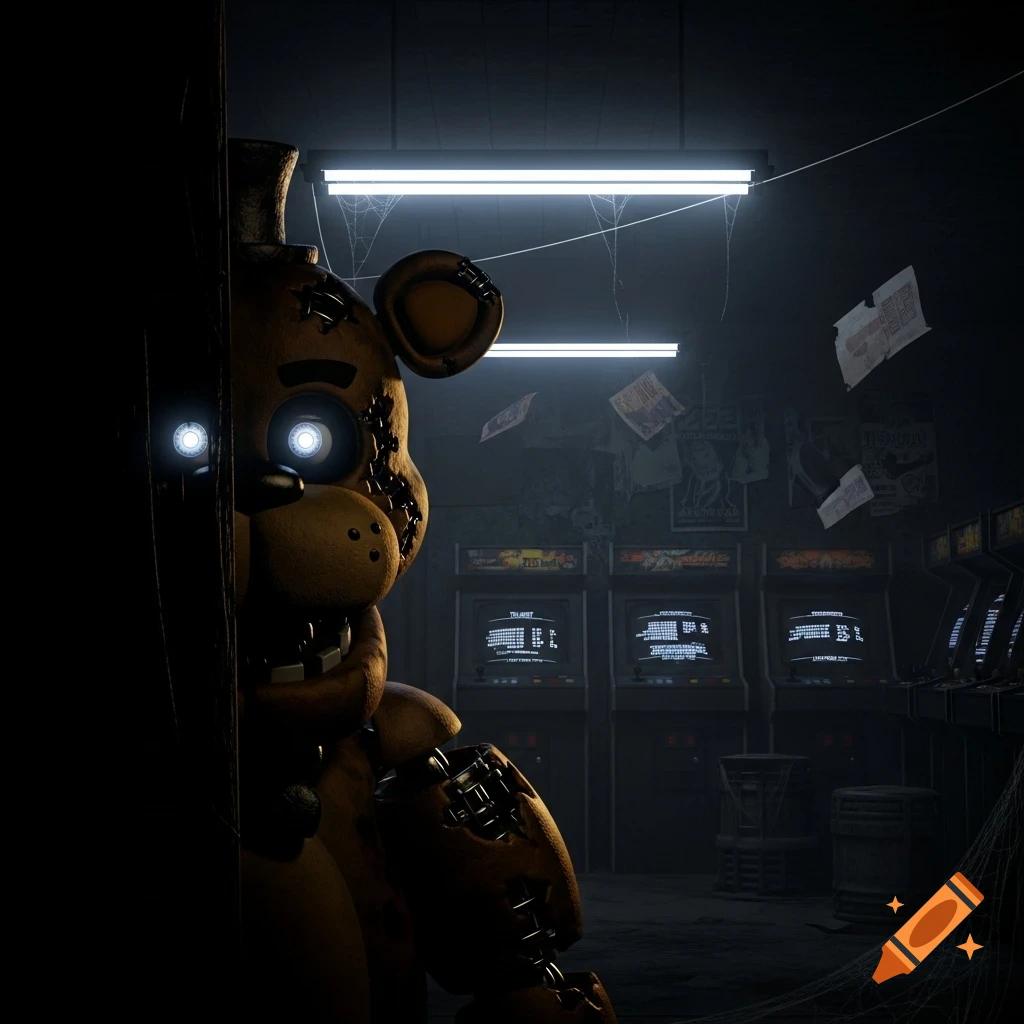 A damaged, glowing-eyed animatronic teddy bear peeks from darkness in a dimly lit, cobweb-filled arcade with old machines.