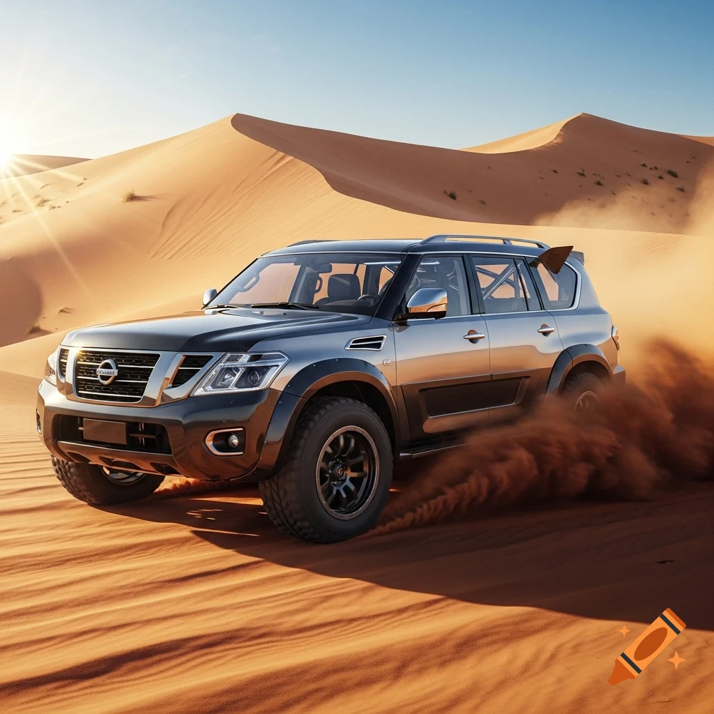 A photorealistic black and silver Nissan Patrol dune racer kicks up sand in a sunny desert with large dunes.