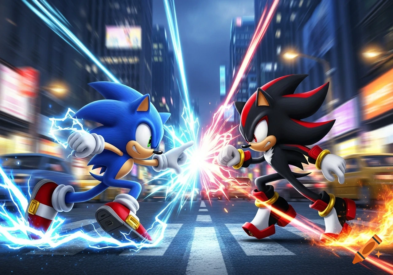 Sonic and Shadow clash with energy in a stylized city street at night, blue and red streaks illuminating the scene.
