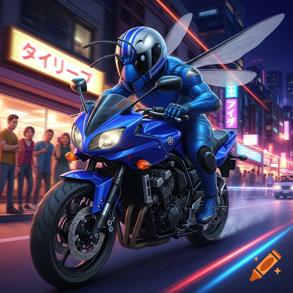 A blue hornet-like figure in a helmet and suit rides a blue motorcycle down a neon-lit city street at night.