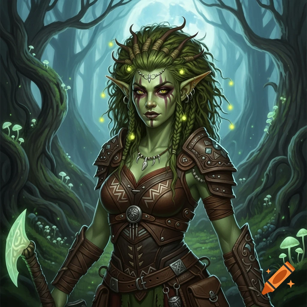 A green-skinned goblin woman in intricate leather armor holds an axe in a magical forest with glowing mushrooms.